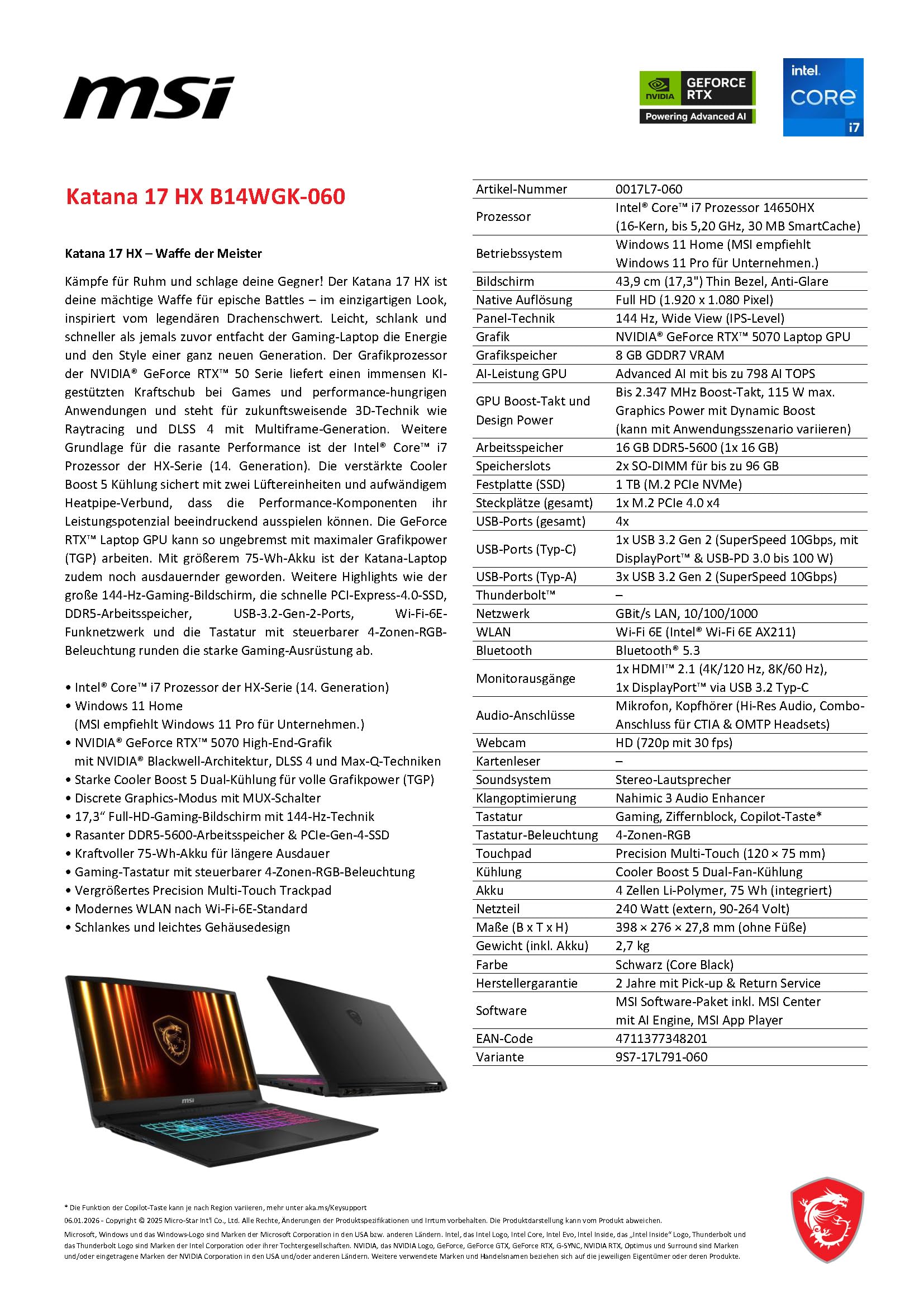 MSI Katana 17 HX Gaming Laptop 17,3 Zoll Full HD Intel Core i7 14650HX NVIDIA GeForce RTX 5070 16 GB DDR5 1 TB SSD Windows 11 Home Schwarz