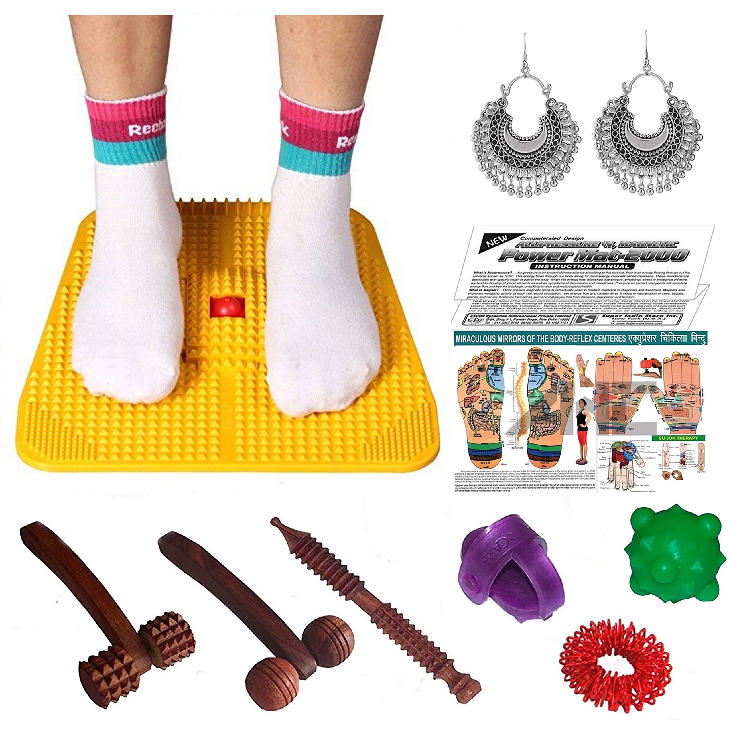 Super INDIA Store--Acupressure Power Mat with Magnets n Pyramids for Pain Relief & Total Health Care Useful for Heel Pain - Knee Pain - Leg Pain - Sciatica - Cramps - Migraine - Depression + 2 Wooden Face Massagers