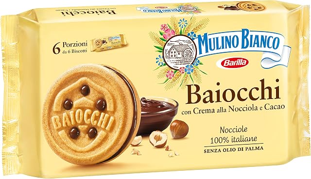 Mulino Bianco Biscotti Baiocchi con Crema alla Nocciola e Cacao per Colazione e Snack Dolce per la Merenda - 6 Porzioni da 6 Biscotti
