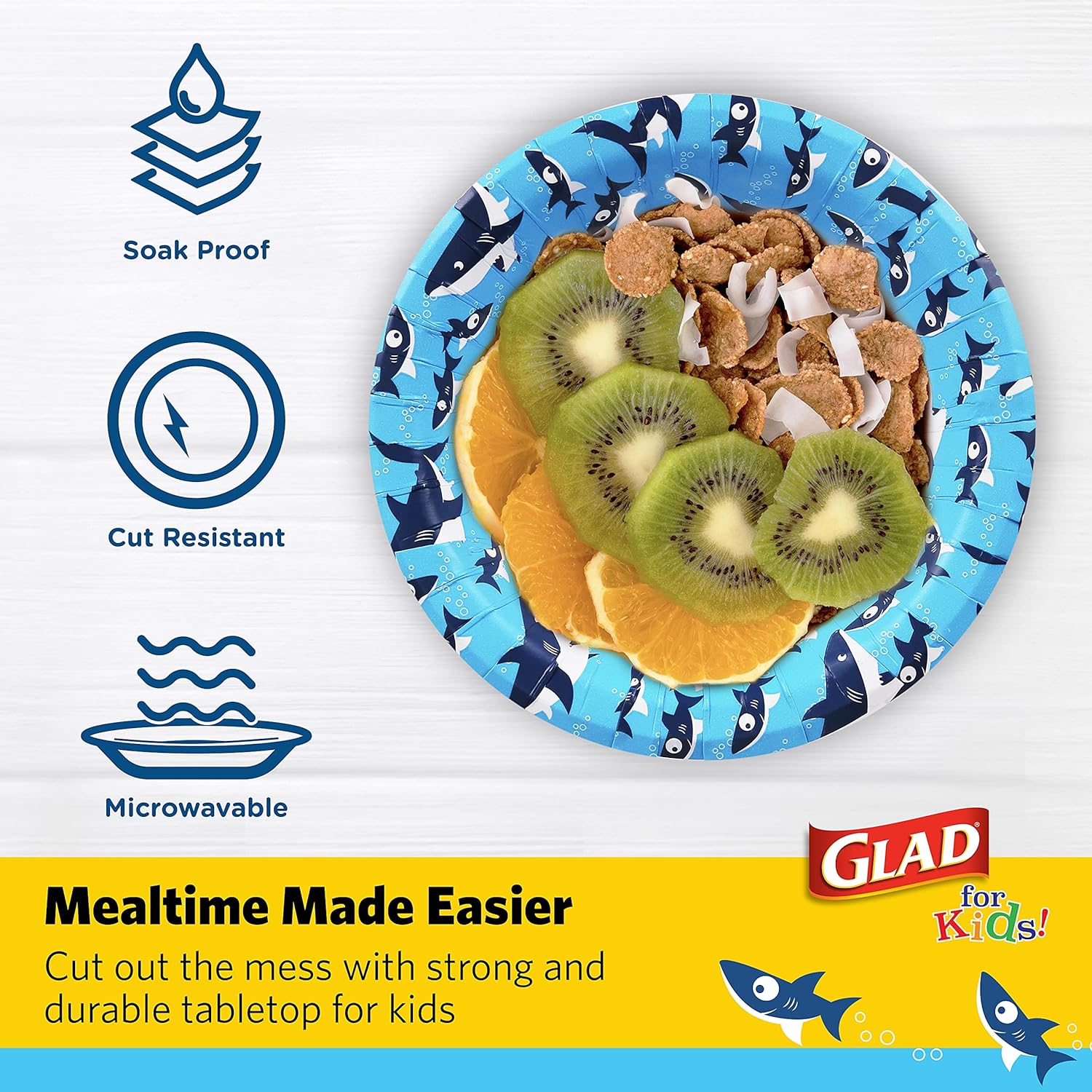 Glad for Kids Paper Bowls in Shark Print, 12 Ounce | 12 oz Disposable Paper Bowls with Cute Shark Design for Kids | Microwavable, Cut Proof, Soak Proof Paper Bowls, 30 Count : Health & Household