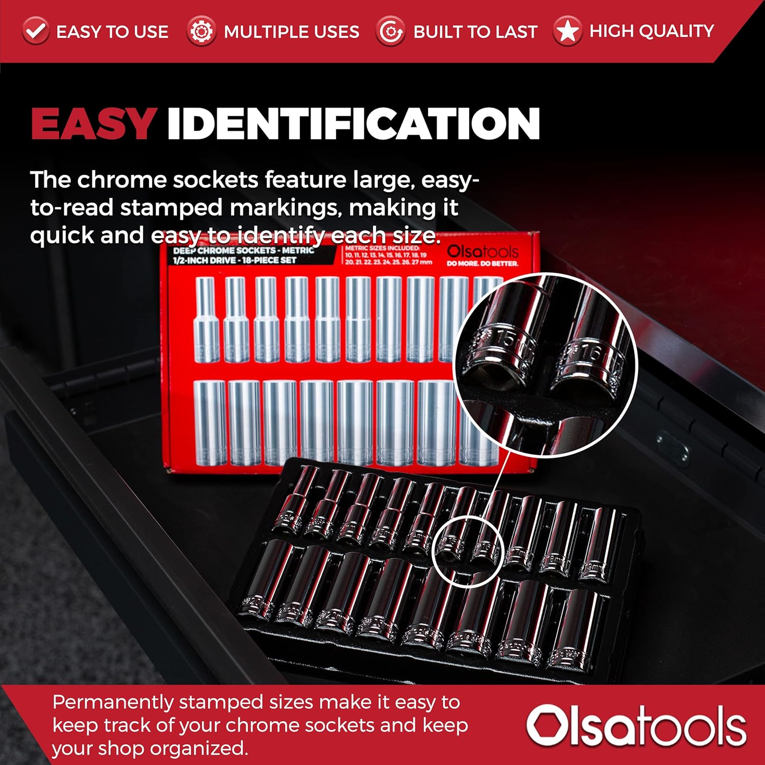 Olsa Tools Metric Deep Socket Set - 1/2-Inch Drive, 18pc - 6-Point Chrome Sockets from 10mm–27mm and No Skipped Sizes - Mechanic Deep Metric Socket Set - Professional Grade Long Sockets - Part: 1325