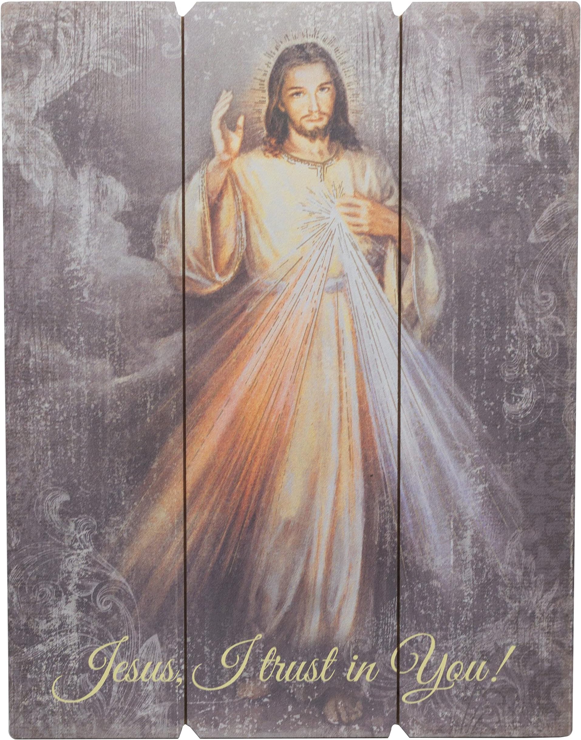 C B 15 inch Pallet Style Divine Mercy Wall Art | Jesus, I trust in you! | Beautiful Catholic Home Decor | Great Gift for Confirmation, Housewarming, and Weddings | Rustic Farmhouse Style, grey