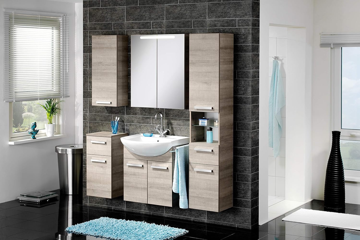 FACKELMANN A-Vero Vanity Unit with Steamed Hinges Dimensions (W x H x D): Approx. 62.5 x 64 x 35 cm Bathroom Cabinet/Body: Light Brown/Front: Light Brown