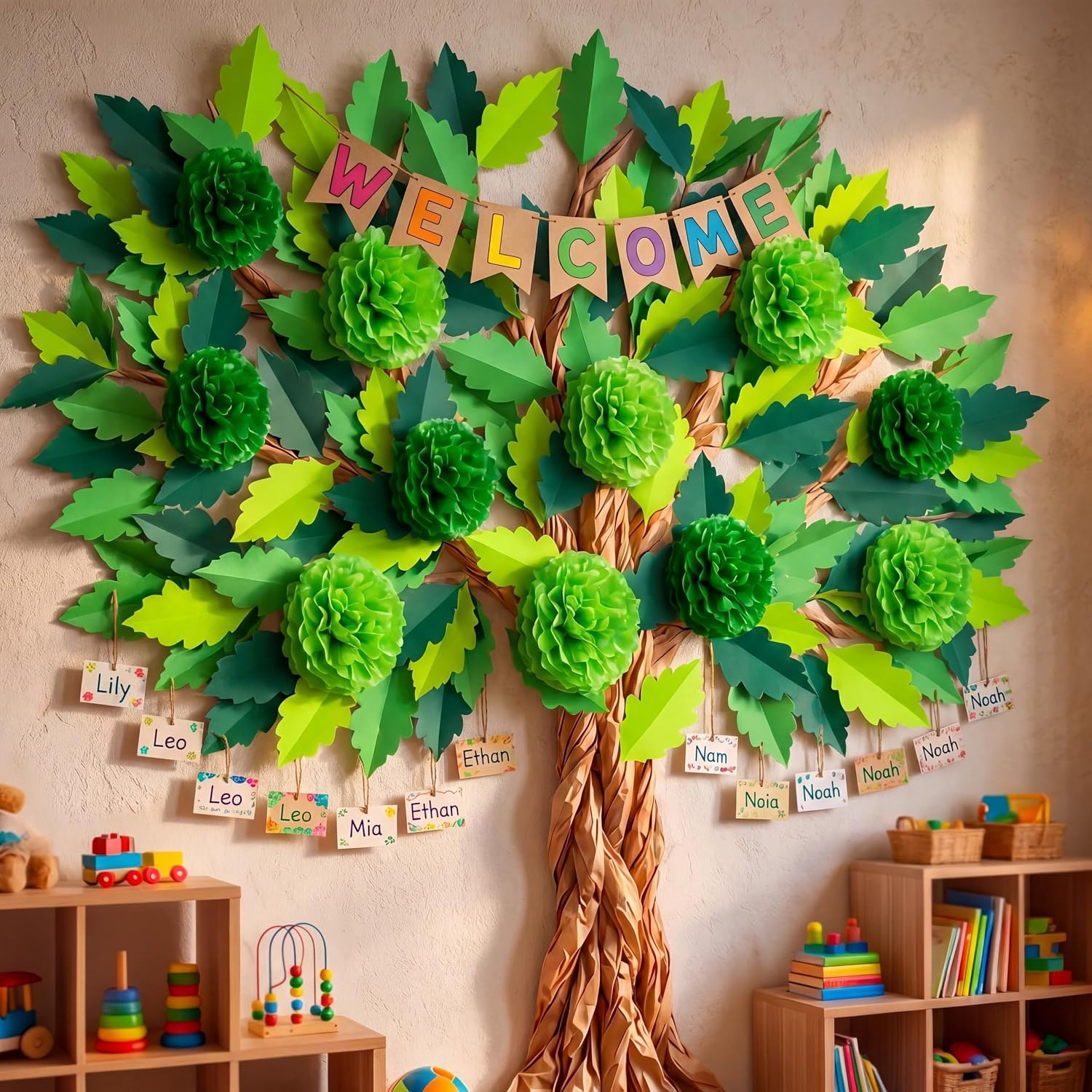 Sabary 114 Pcs Classroom Tree Bulletin Board DIY 3D Cardboard Tree with Paper Pom Poms Leaf Kraft Craft Bulletin Board Wall Classroom Decorations for School Elementary Chalkboard Teacher Holiday Party