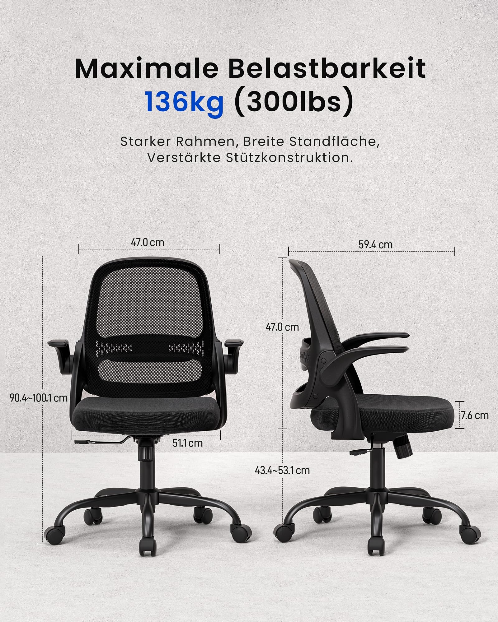 LukkDys Bürostuhl Ergonomisch, Schreibtischstuhl mit klappbaren Armlehnen, Mesh Computerstuhl höhenverstellbar, Drehstuhl für Home Office, Kinder & Studenten, Büro Sessel Schwarz