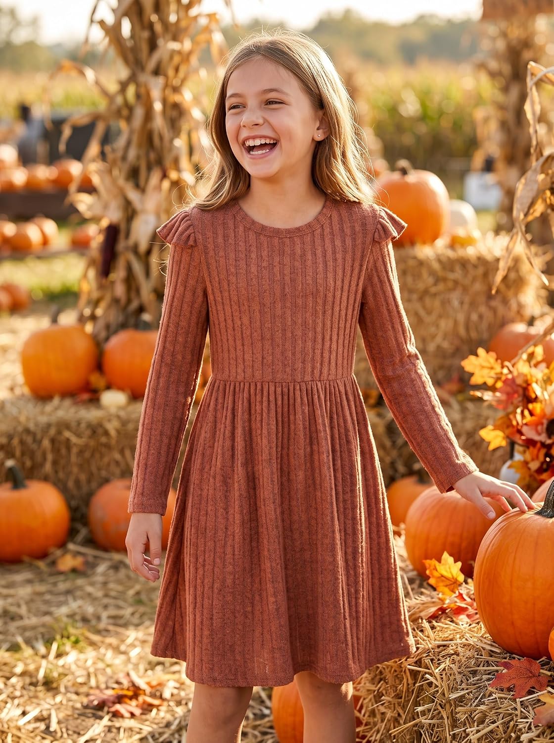 Girls Dresses Long Sleeve Ribbed Knit Fall Clothes 6-14 Years