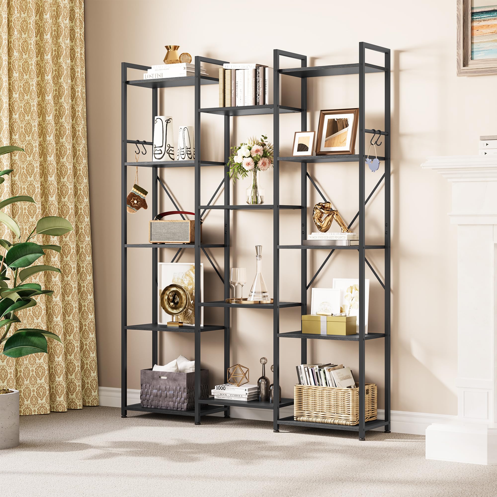 Libreria Industriale A 6 Ripiani YITAHOME – Scaffale In Metallo E Legno, Altezza 183 Cm, Con 4 Ganci, Marrone Rustico