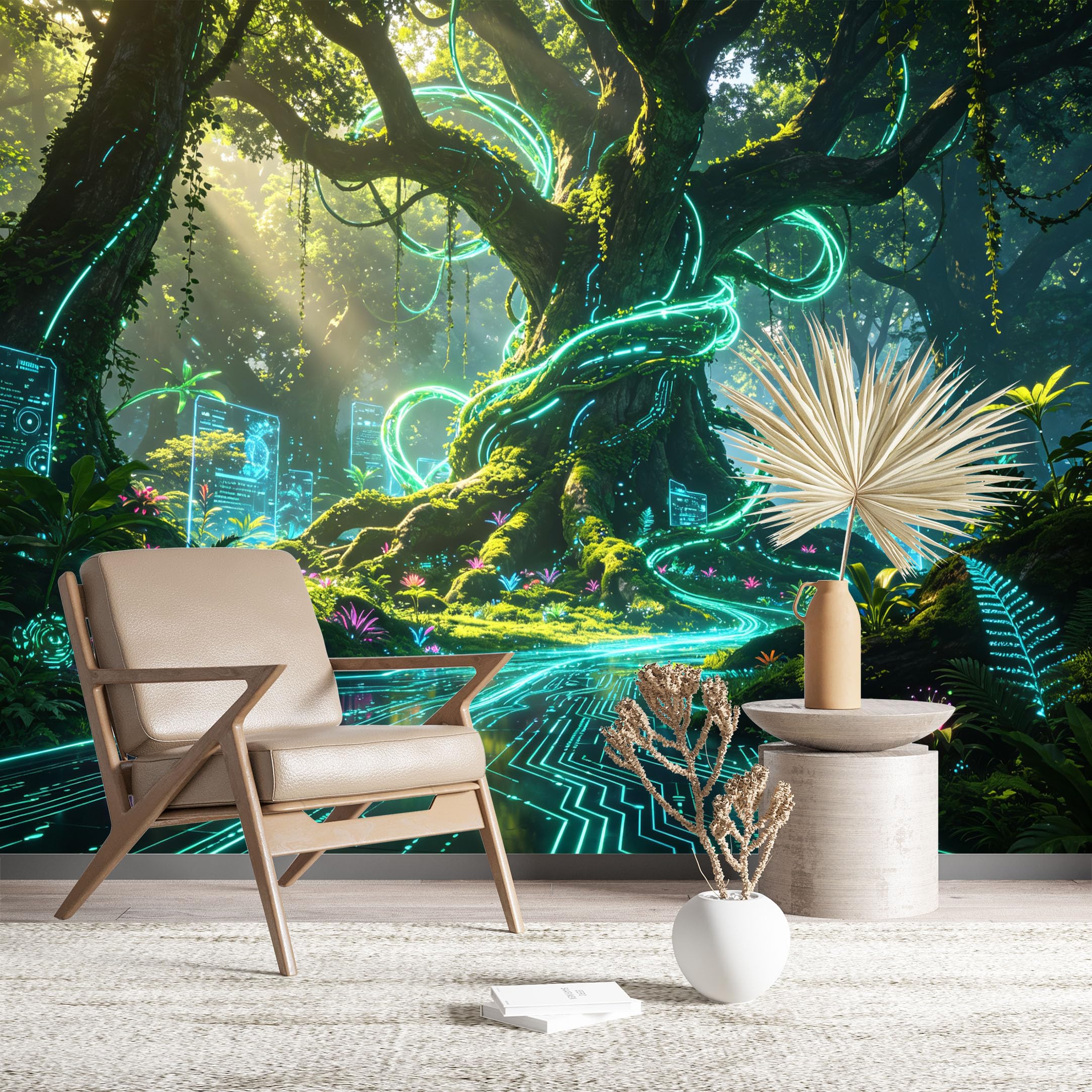 Custom Size Wall Murals Glowing Cyber Forest with Neon Lights Vivid Self-Adhesive Wall Fabric (NO PVC) Removable Wallpaper for Living Room Bedroom