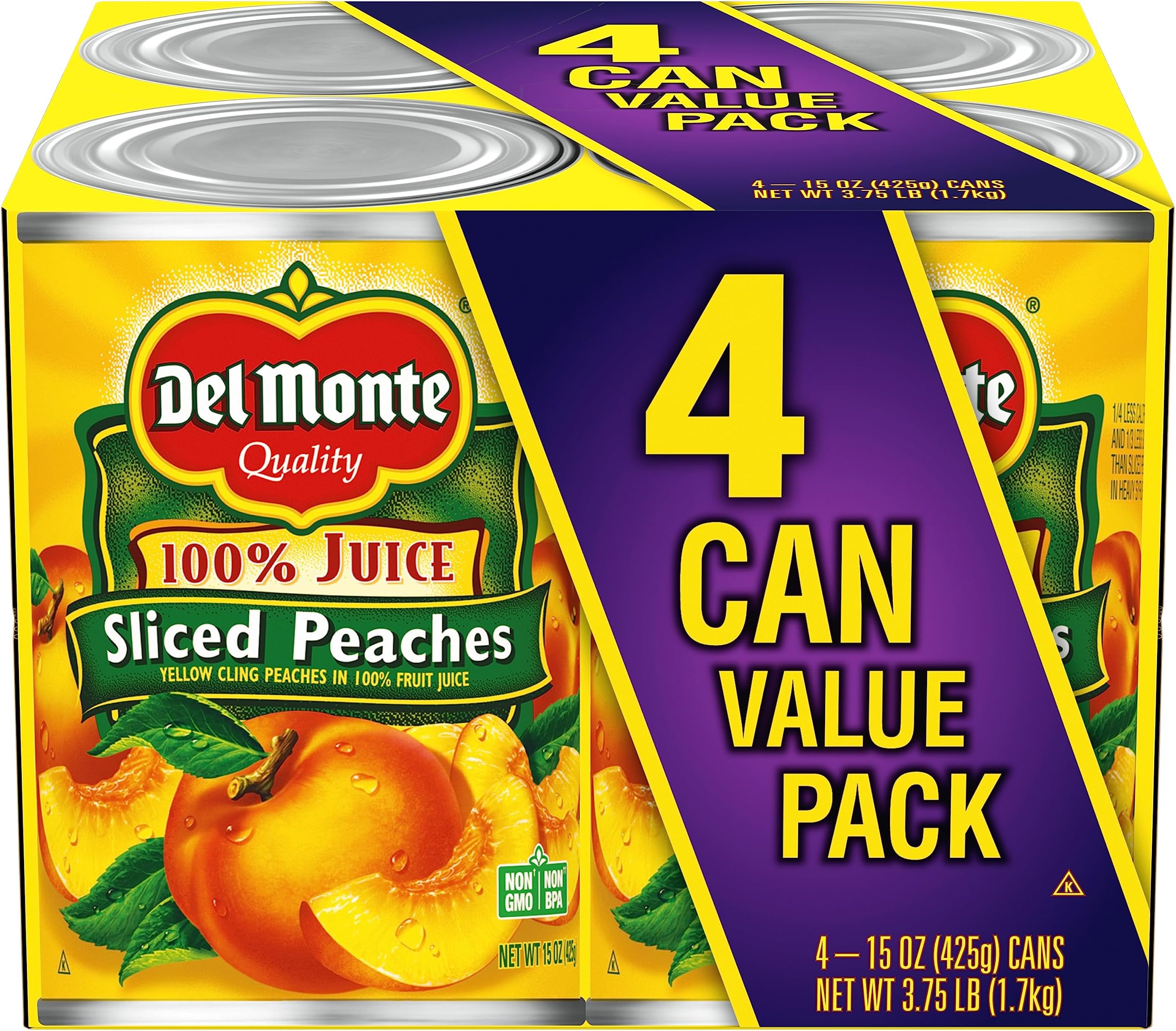 Yellow Cling Sliced Peaches in 100% Juice, Canned Fruit, 4 Pack, 15 oz Cans
