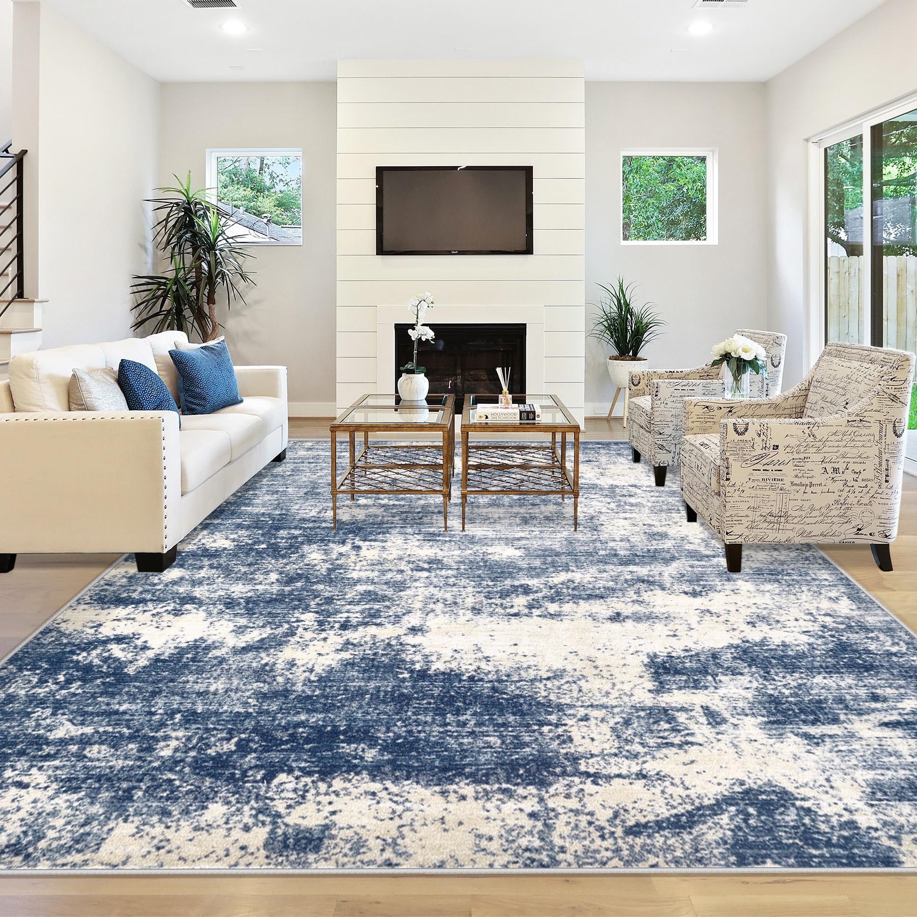 Area Rug Washable Rug 8x10: Large Modern Abstract Living Room Rug Anti-Slip Backing Stain Resistant Soft Indoor Carpet for Bedroom Kitchen Dining Room Table Home Office(Blue,8'x10')