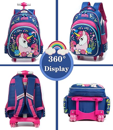 Miniatura 3 de Meetbelify Mochilas con ruedas de unicornio para niñas, mochila con ruedas para niñas, bolsas escolares con lonchera