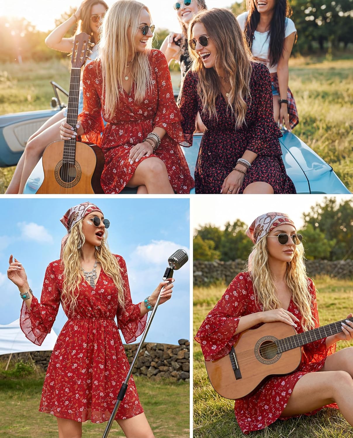 Bebonnie Womens 3/4 Ruffle Sleeve Spring Summer Casual V Neck Flowy Chiffon Layers Dresses - Image 5