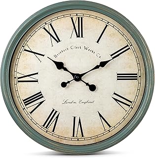 Bernhard Products Large Decorative Wall Clock 20 Inch Silent Non Ticking Battery Operated Quartz Vintage Stylish with Rustic Green Rim for Home Living/Dining Room Kitchen & Over Fireplace