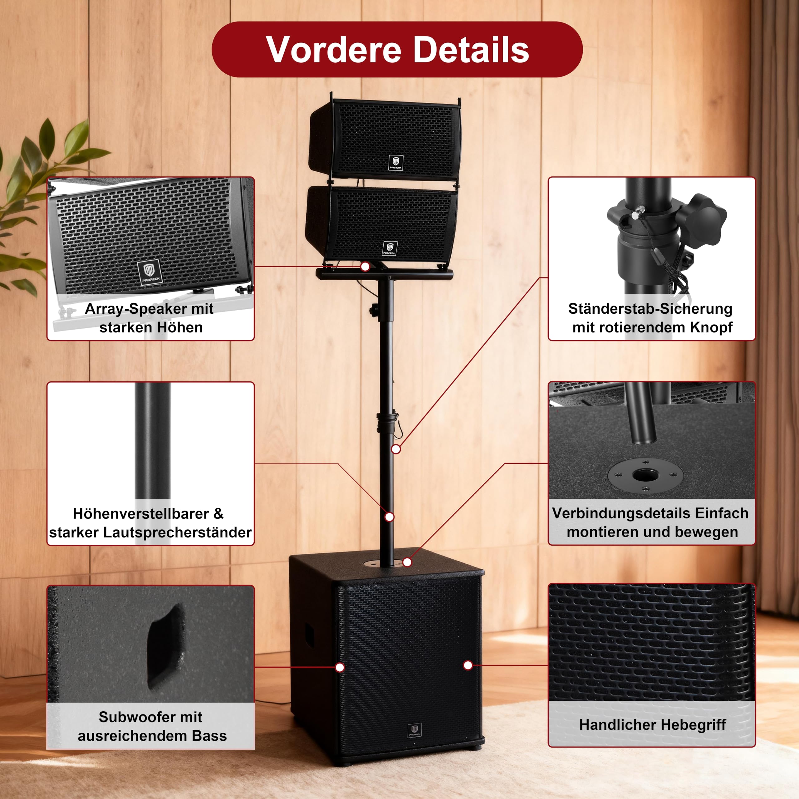 PRORECK Club 6000 15-Zoll 6000-W-P.M.P.O Stereo-PA-Lautsprechersystem 4 Line-Array-Lautsprecher 2 Subwoofer Bluetooth USB SD