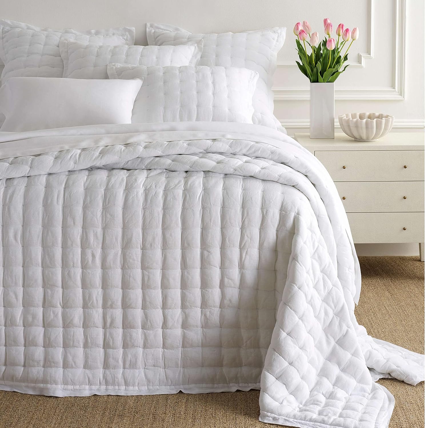 Pine Cone Hill Lush Linen White Puff Sham, Euro Size, White Solid Pattern