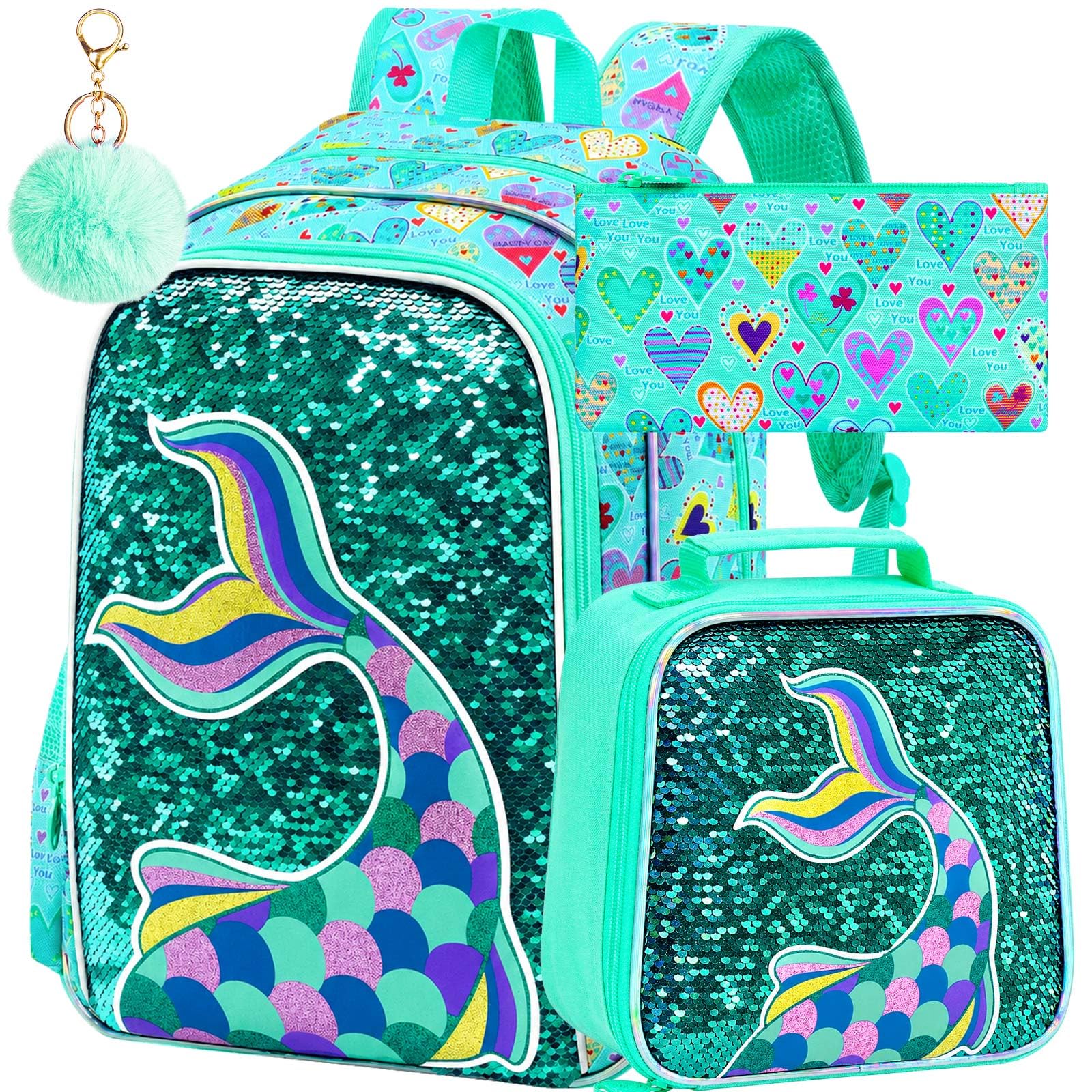 CCJPX 16" Mermaid Backpack for Girls, 3Pcs Kids Sequin Bookbag with Lunch Box, Water Resistant Elementary School Bag for Kindergarten Preschool Toddler (Green)