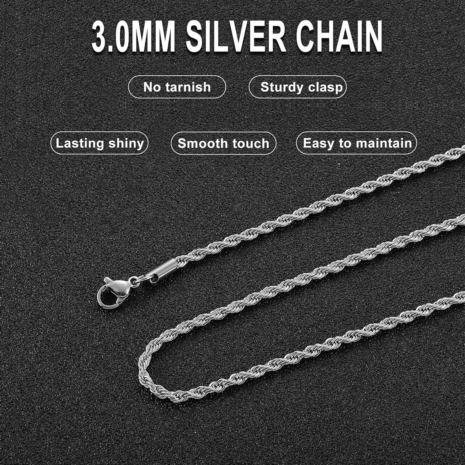 2PCS Chains for Men & Women, Stainless Steel Rope Chain Necklace, Twist Chain Necklace, 3.0mm, 20in Silver, Gifts - Image 5