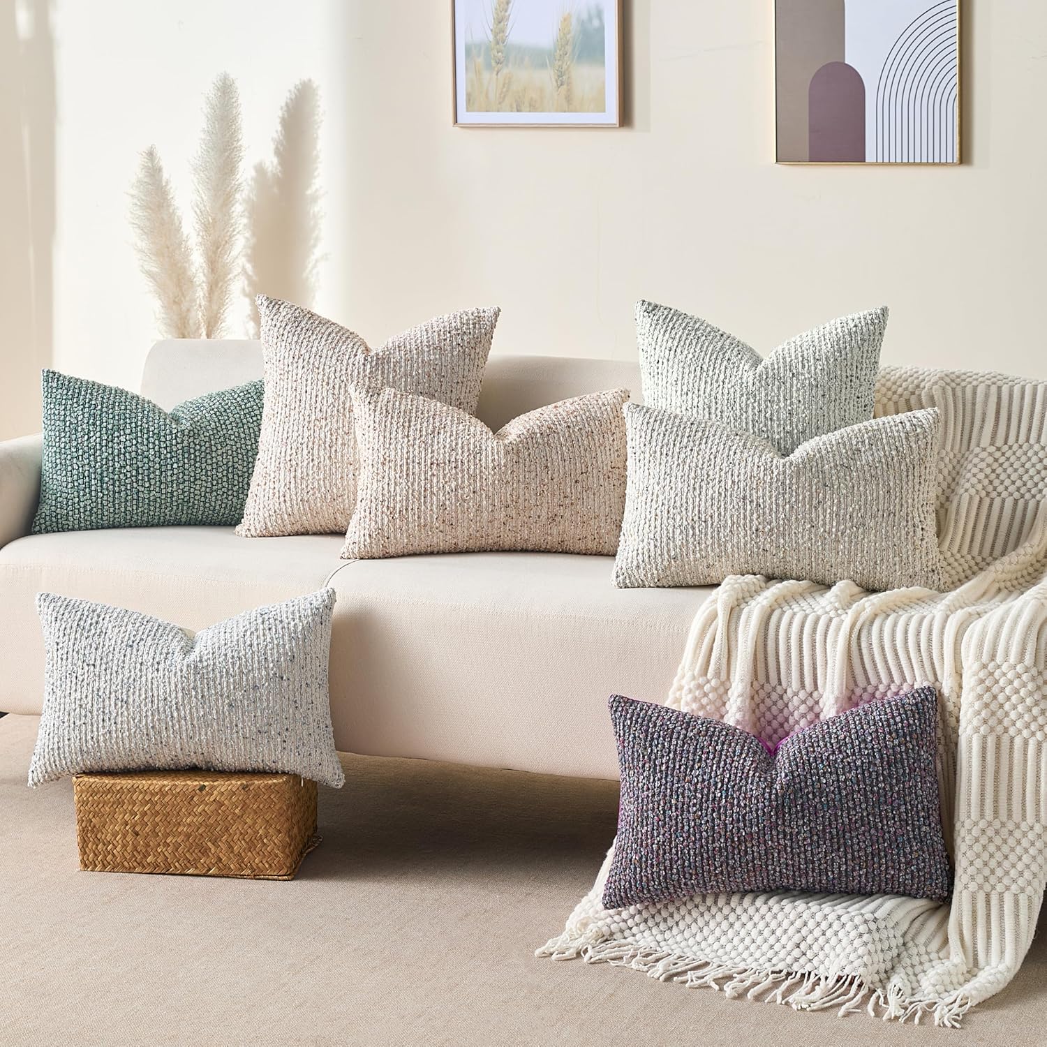 Decorative Couch Throw Pillow Covers 26x26 Beige Striped Soft Wool Pillow Covers Neutral Textured Boho Cushion Covers for Modern Farmhouse Sofa Bedroom Living Room Decor SY011-A26 - Image 6