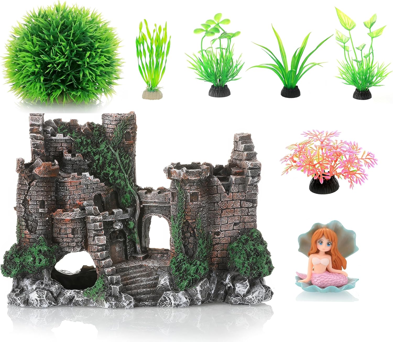 8 Pcs Aquarium Decorations Kit, Small Resin Castle Fish Tank Decorations Set Mermaid and Rockery Betta Fish Cave Hideout Coral Artificial Plastic Plants Ornament Accessories