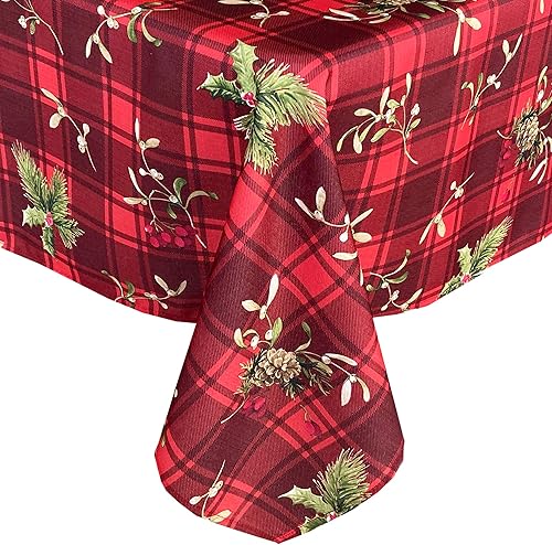 Miniatura 5 de Newbridge Mantel navideño de tela navideña a cuadros de abeto, acebo, árboles de hoja perenne, bellota y cuadros rojos, resistente a la suciedad, no