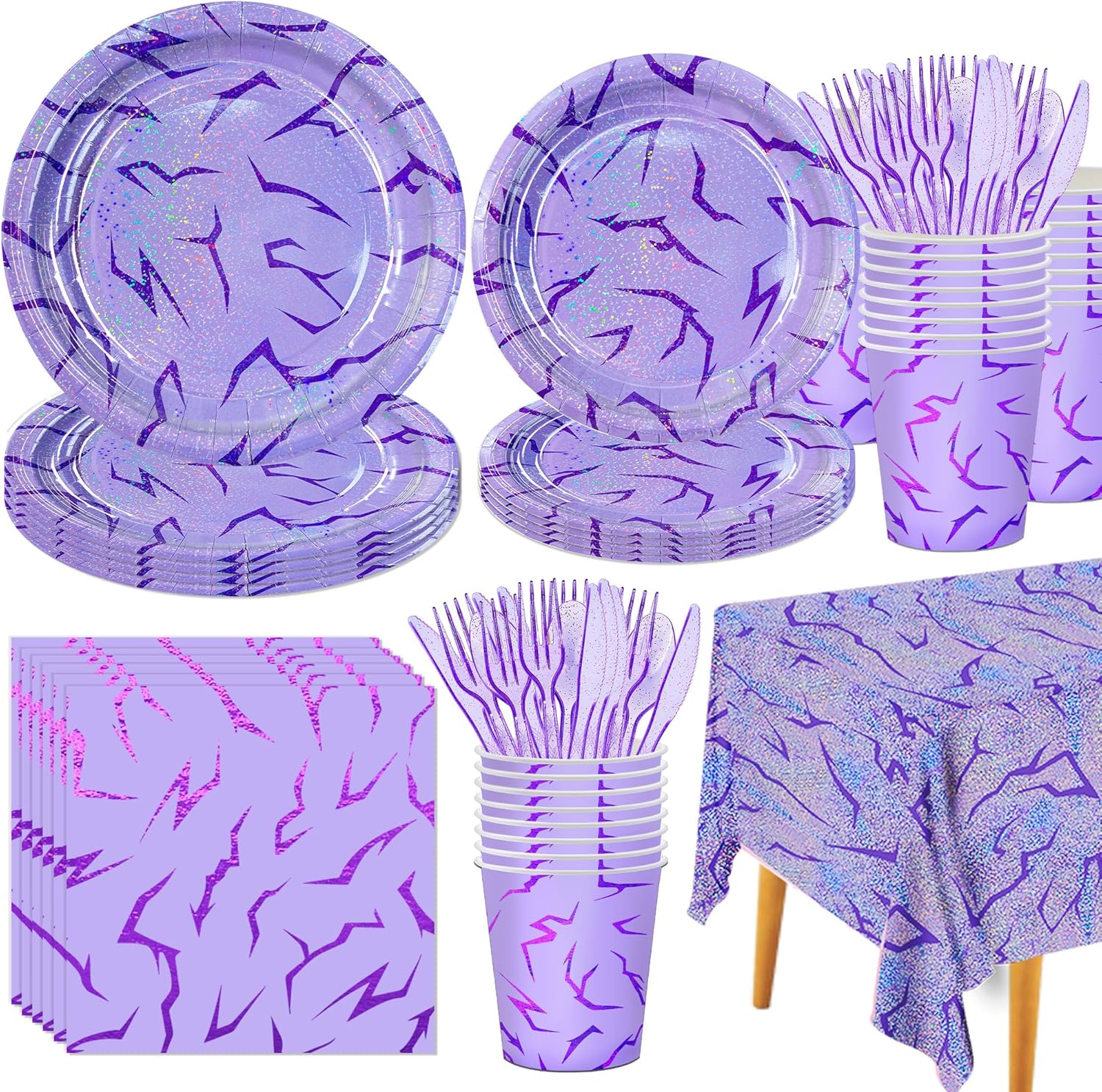Demon Hunter Birthday Tableware Decor for 20Guests, Purple Holographic Laser Energy Pattern Plates Cups Napkins Tablecloth Cutlery, Sparkling Korean Idol Movie Decoration for Party, Birthday, Bachelor