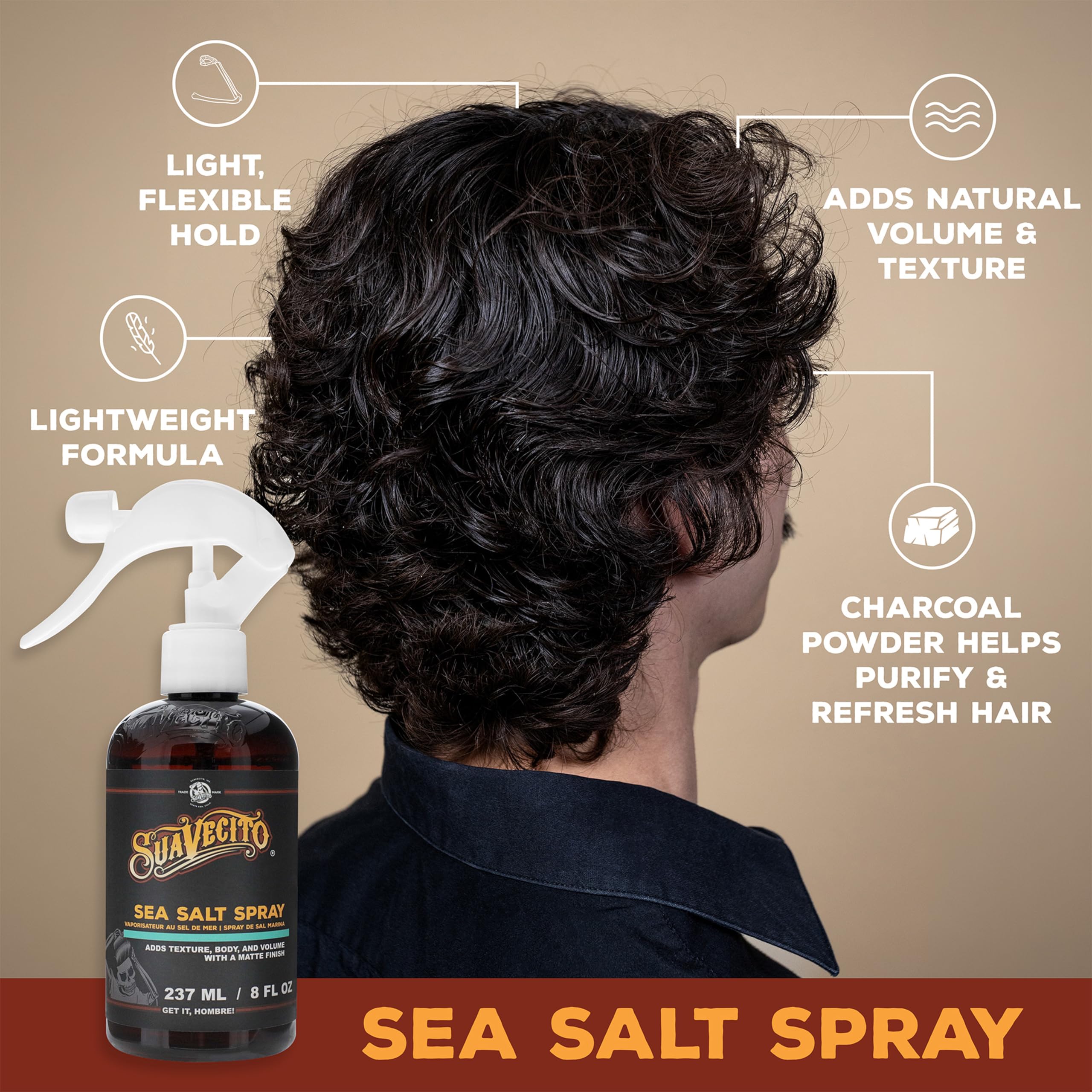 Suavecito Sea Salt Spray Texturizing Volumizing Hair Spray for Men 237ml | Adds Natural Beach Waves and Matte Finish. Lightweight Non Sticky Formula with Refreshing Scent. Volumizing Texture.