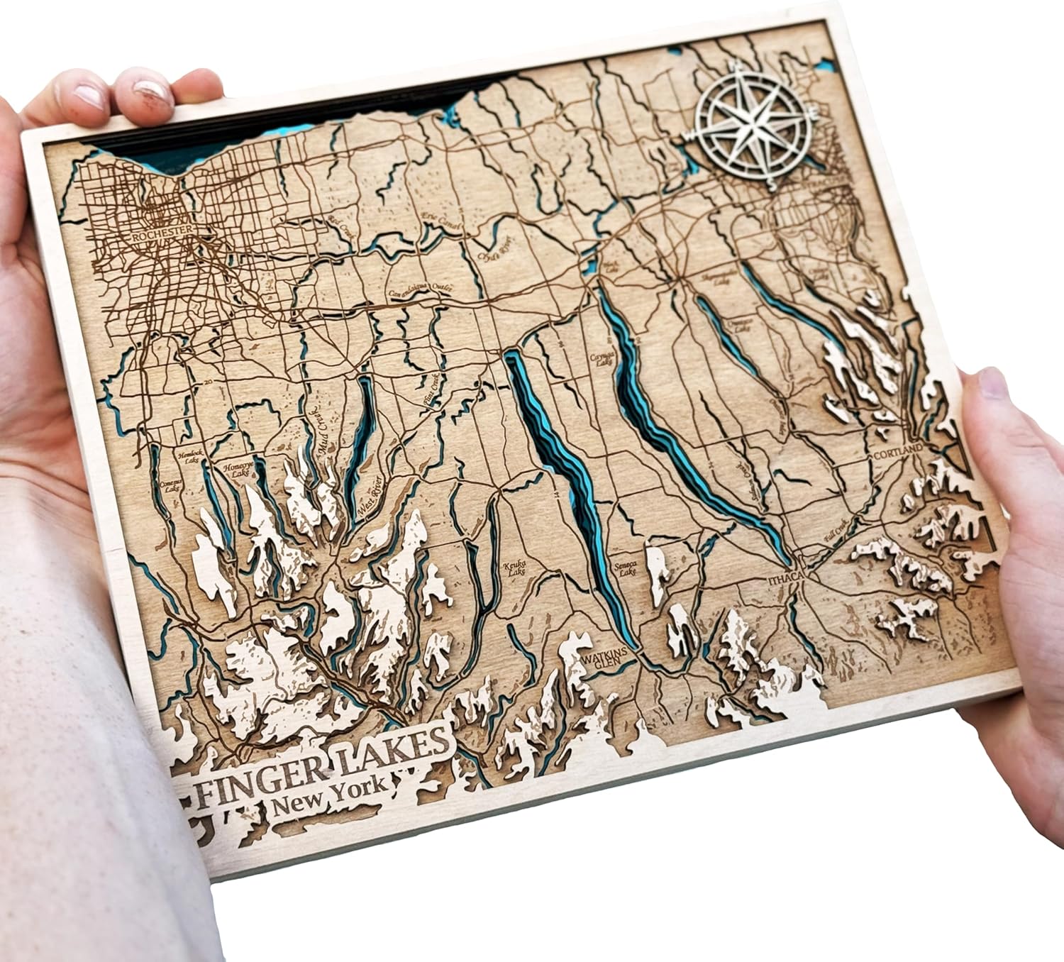 Handcrafted 3D Finger Lakes Wood Map – Intricate Wooden Wall Art of New York's Finger Lakes Region with Detailed Topography – Perfect for Home Decor, Gifts, and Geography Enthusiasts
