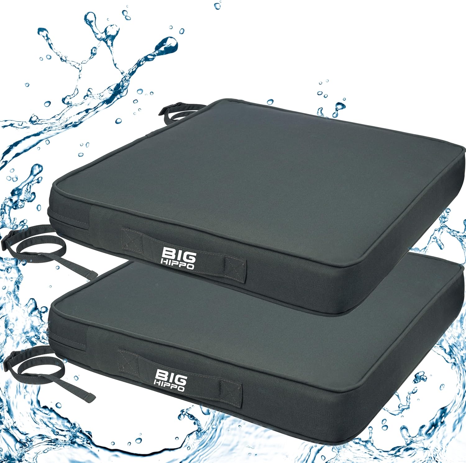 Big Hippo Patio Chair Cushion 22 x 22 Inch Waterproof Outdoor Seat Cushions for Patio Furniture 5-Year Color Fastness Sofa Garden Couch Chair Pads with Handle and Adjustable Straps Set of 2, Gray