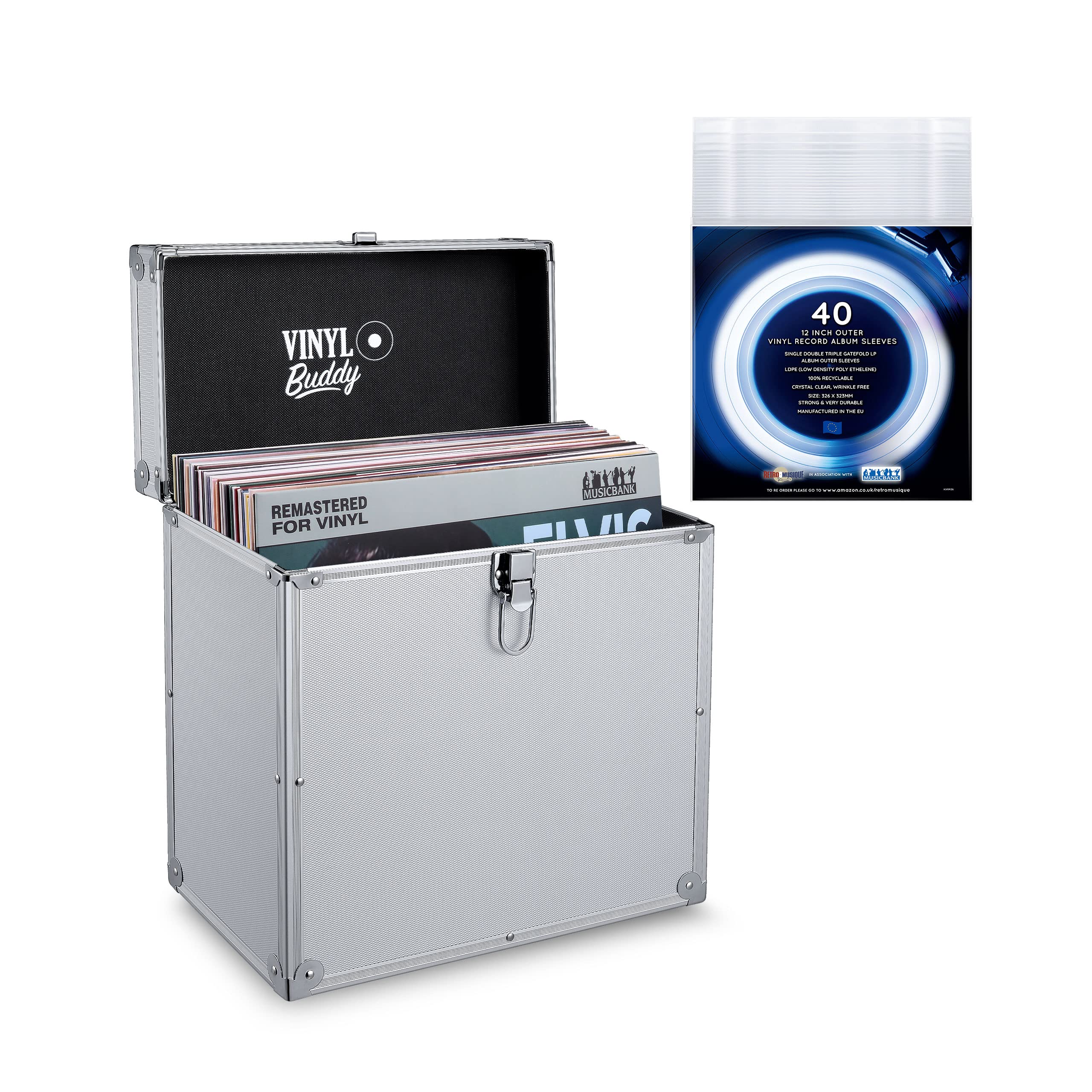 VINYL BUDDY 12'' Alluminium-Schallplattenkoffer, für bis zu 40 LPs, inklusive 40x 12-Zoll-Äußere Schallplattenhüllen', argento, 33 cm x 34 cm x 19 cm, Valigia