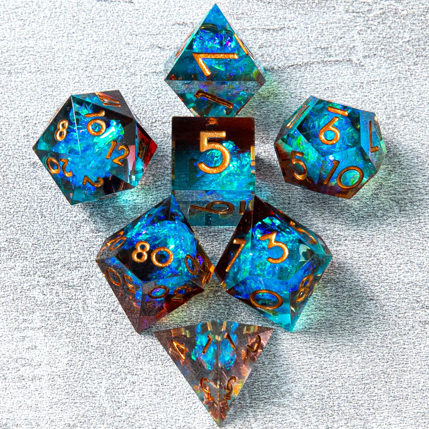 DND – Jeu de dés polyédriques en résine à bords tranchants avec étui à dés, faits à la main, 7 accessoires pour jeux de rôle Donjons et Dragons, dés D&D (bleu marron)