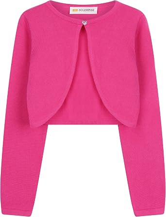 BOLEROSE Girls Long Sleeve Heart Button Bolero | Open Front, Diamante Detail, Cropped Length, Soft & Stretchy, Easy Layering Piece, Ages 3-14