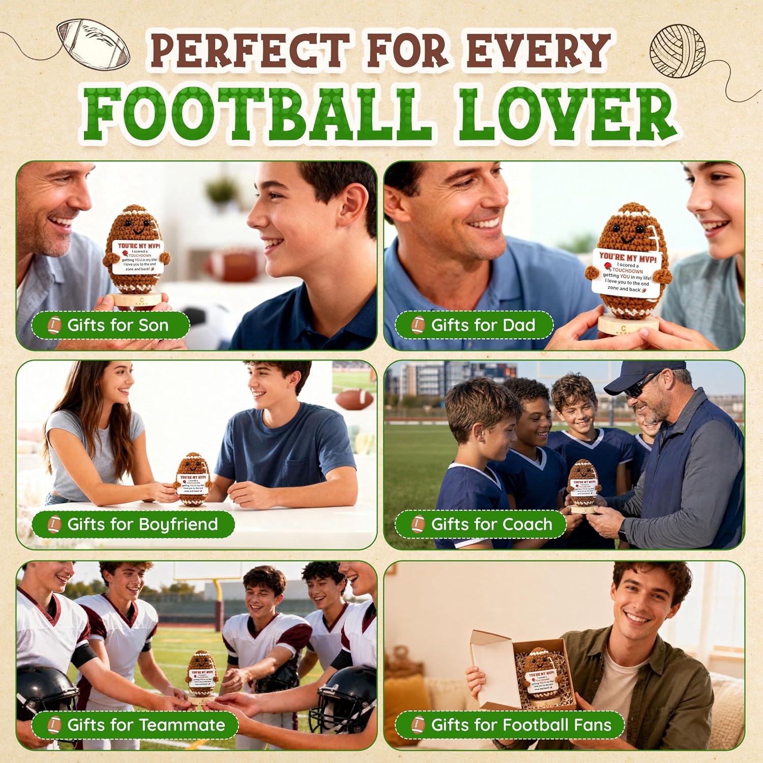 OASSIE Birthday Gifts for Men - Emotional Support Crochet Football | Inspirational Gifts, Sports Keepsake, Football Decor, Encouraging Message, Emotional Support, Soft Yarn Texture