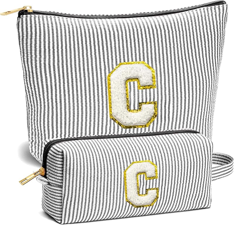 Fohufo Necessaire de Maquiagem e Bolsa para Viagem com Zíper, Estampa Listrada, Preta, Modelo C, Conjunto com 2