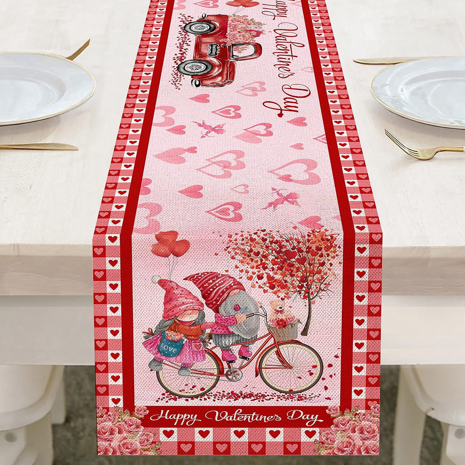 Valentines Table Runner 108 Inches, Happy Valentine's Day Red Truck Burlap Table Runners, Valentine Gnomes by Bike Love Hearts Tree Pink Extra Long Dresser Table Cloth Decor for Home Dining Room : Grocery & Gourmet Food