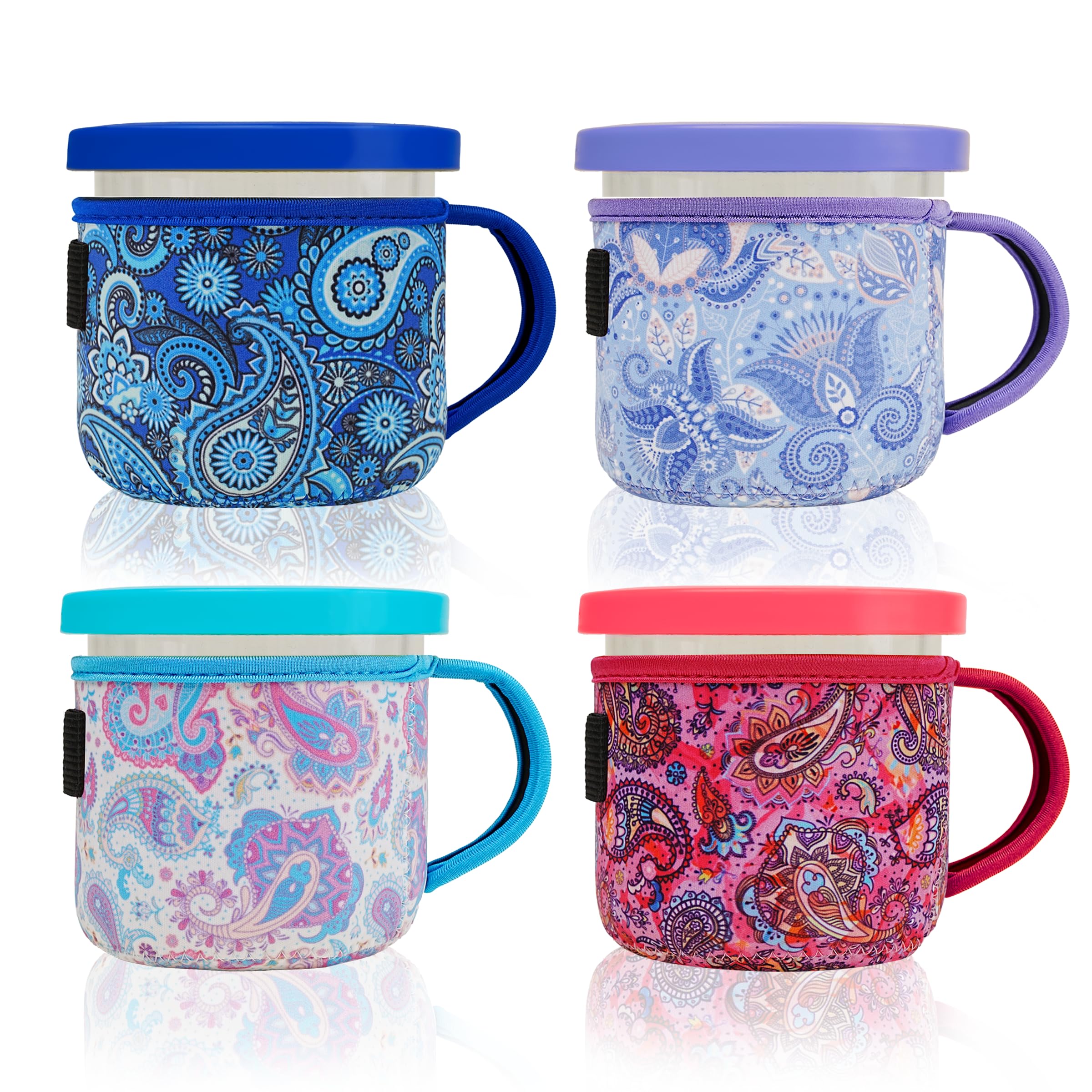 KJQJLY 4 Pack Reusable Ice Cream Neoprene Sleeves with Handle,Neoprene Insulated Sleeves for Ninja Creami Pints,16oz Insulated Sleeves for NC301 NC300 NC299AMZ Series (16oz,Paisley)