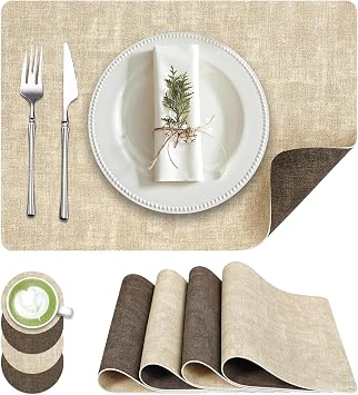 Fyvva Placemats Set of 4, Faux Leather Heat Resistant Wipeable Placemats, Dual Sided Waterproof Washable Table Mats with Coaster, Suitable for Kitchen, Dining, Table Decor 4, Beige Dark Coffee