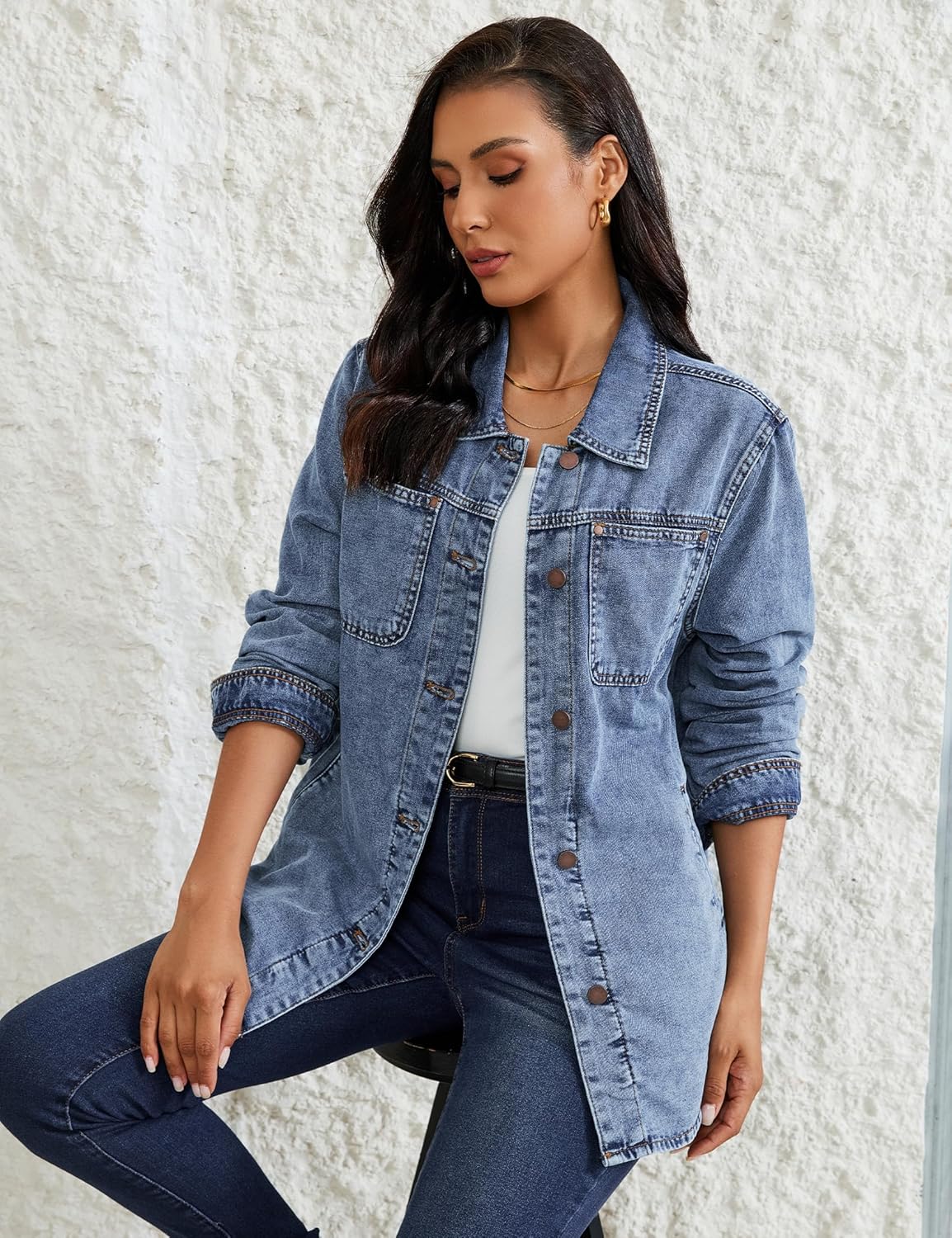 luvamia Denim Jackets for Women Trendy Long Sleeve Button Down Shirt Jacket Jean Shacket with Pocket Western Work Jacket - Image 4
