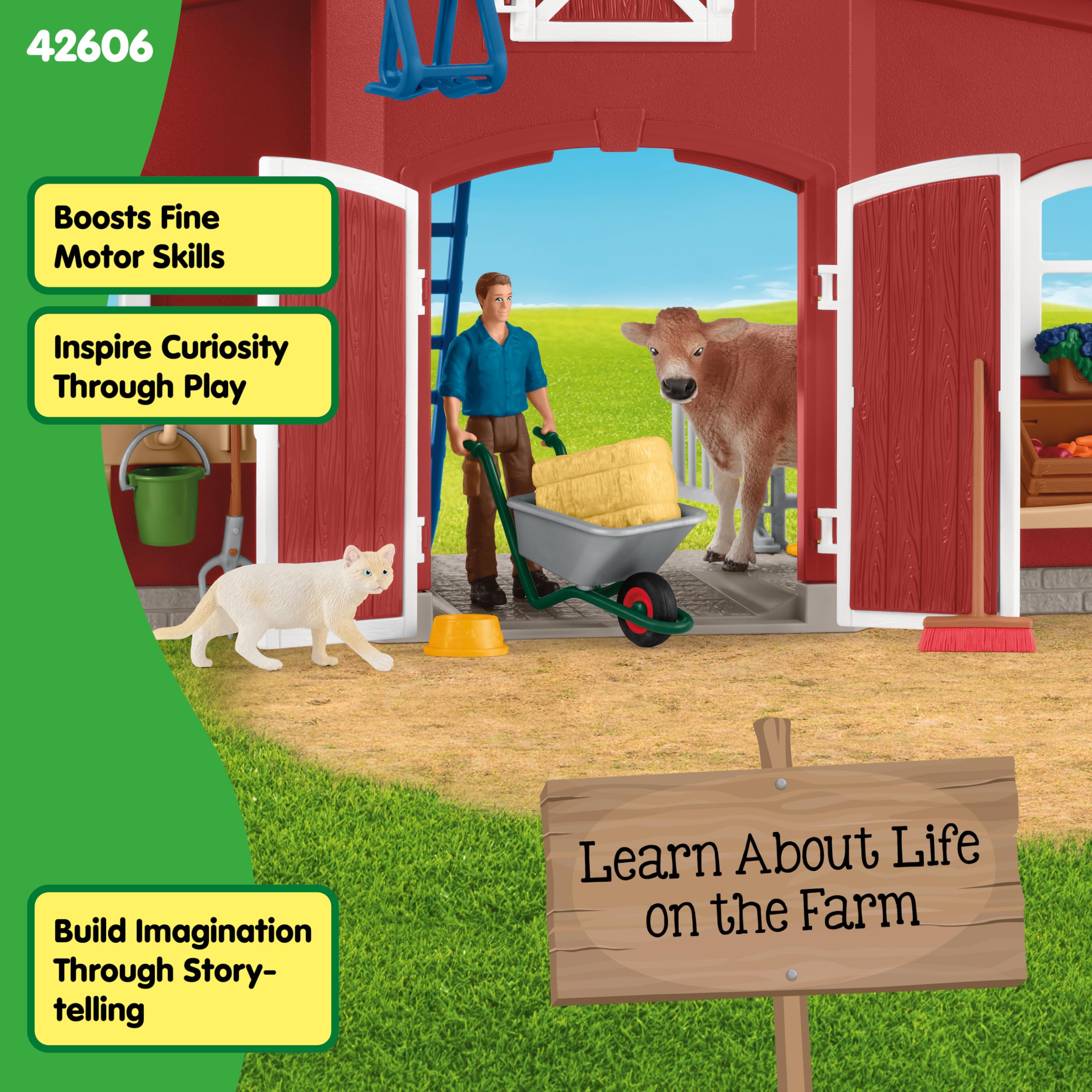 schleich FARM WORLD | Duża czerwona farma z domem wiejskim 42606 | Zestaw z domem, rolnikiem, krową, świnią, kotem, myszą i akcesoriami | realistyczna zabawka farma dla dzieci od 3 lat | 92 elementy