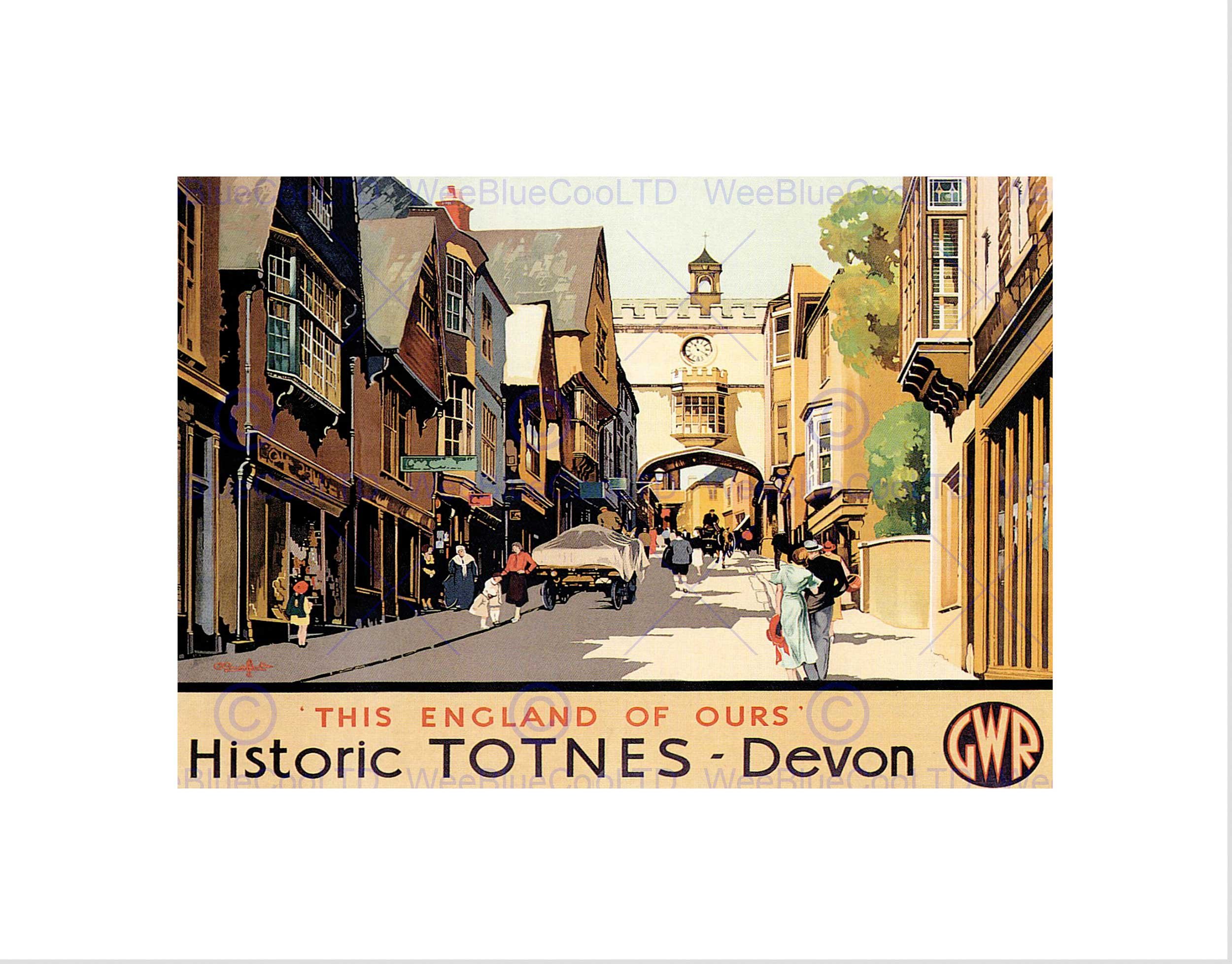 Wee Blue Coo Travel Totnes Devon Gwr Old Town UK Village High Street Wall Art Print