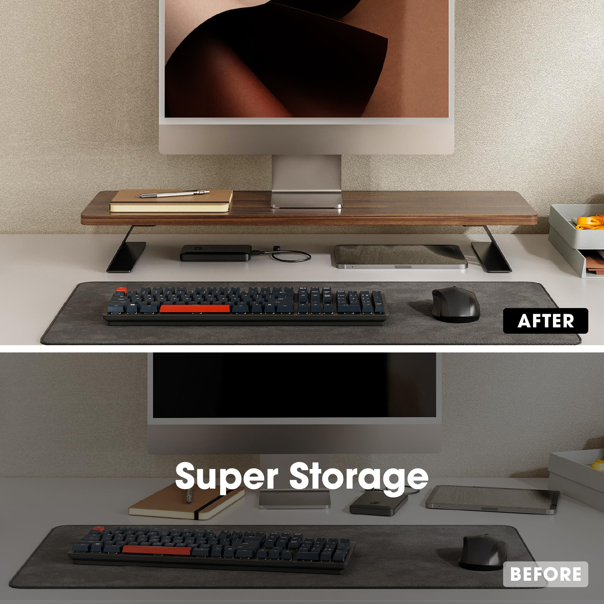 Fenge Soporte de Monitor de Madera con Estructura de Metal, Elevador para Escritorio de Doble Monitor, Soporte para Laptop, Computadora , con Estante de Almacenamiento, L80xW23.5xH10cm, Marrón
