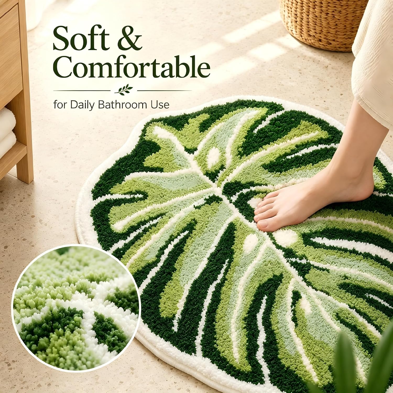 Monstera Bath Mat, Green Leaf Bathroom Rug, Soft Non Slip Washable | Washable Plant Bath Mat for Tropical Green Boho Bathroom Decor ( 21" x 26")