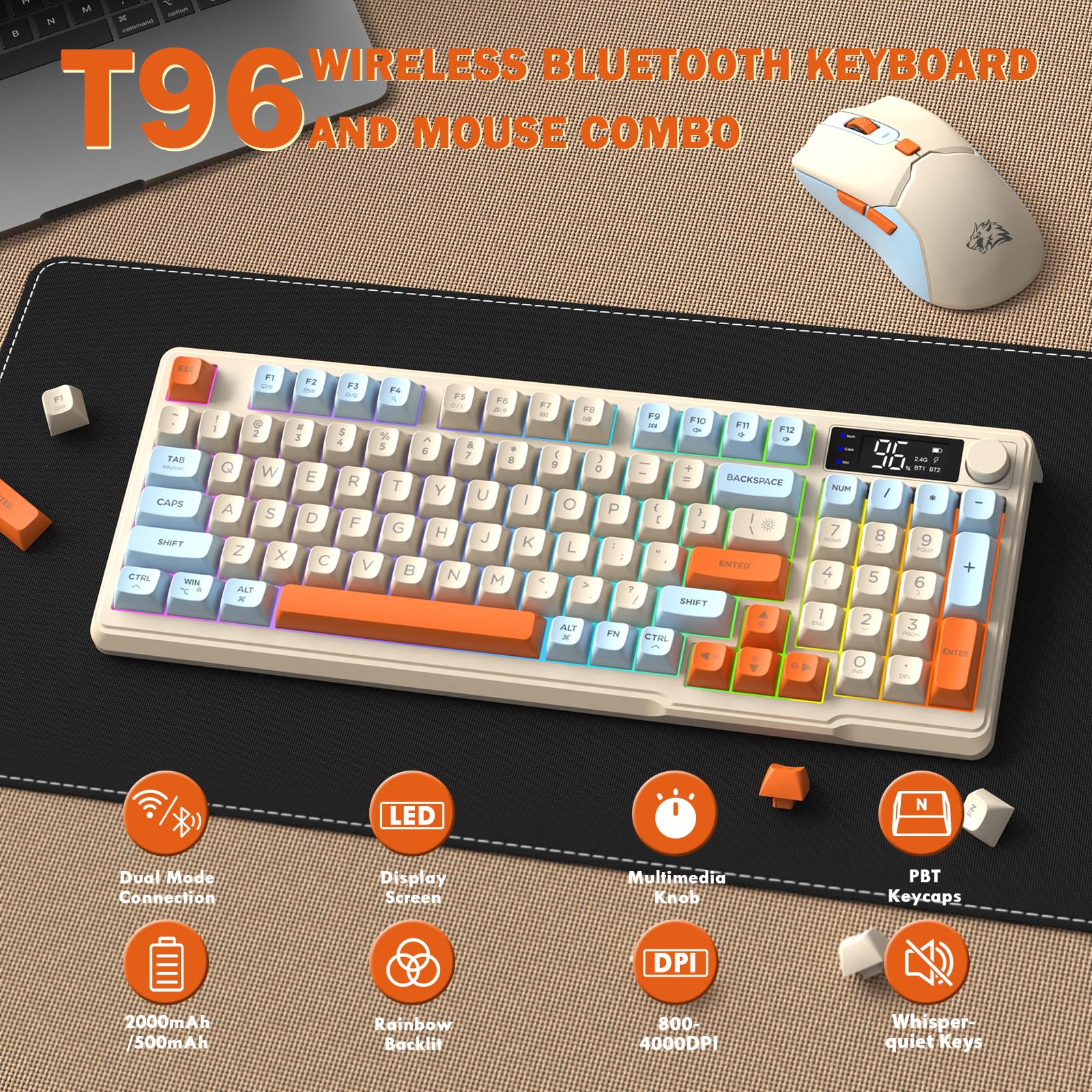 FREEWOLF T96 Clavier et Souris sans Fil, Bluetooth & 2,4G, Touches PBT, Molette Multimédia, Écran LCD, Silencieux, Anti-Ghosting, Disposition QWERTY, Rechargeable, pour Mac/Windows/Linux - Myrtille