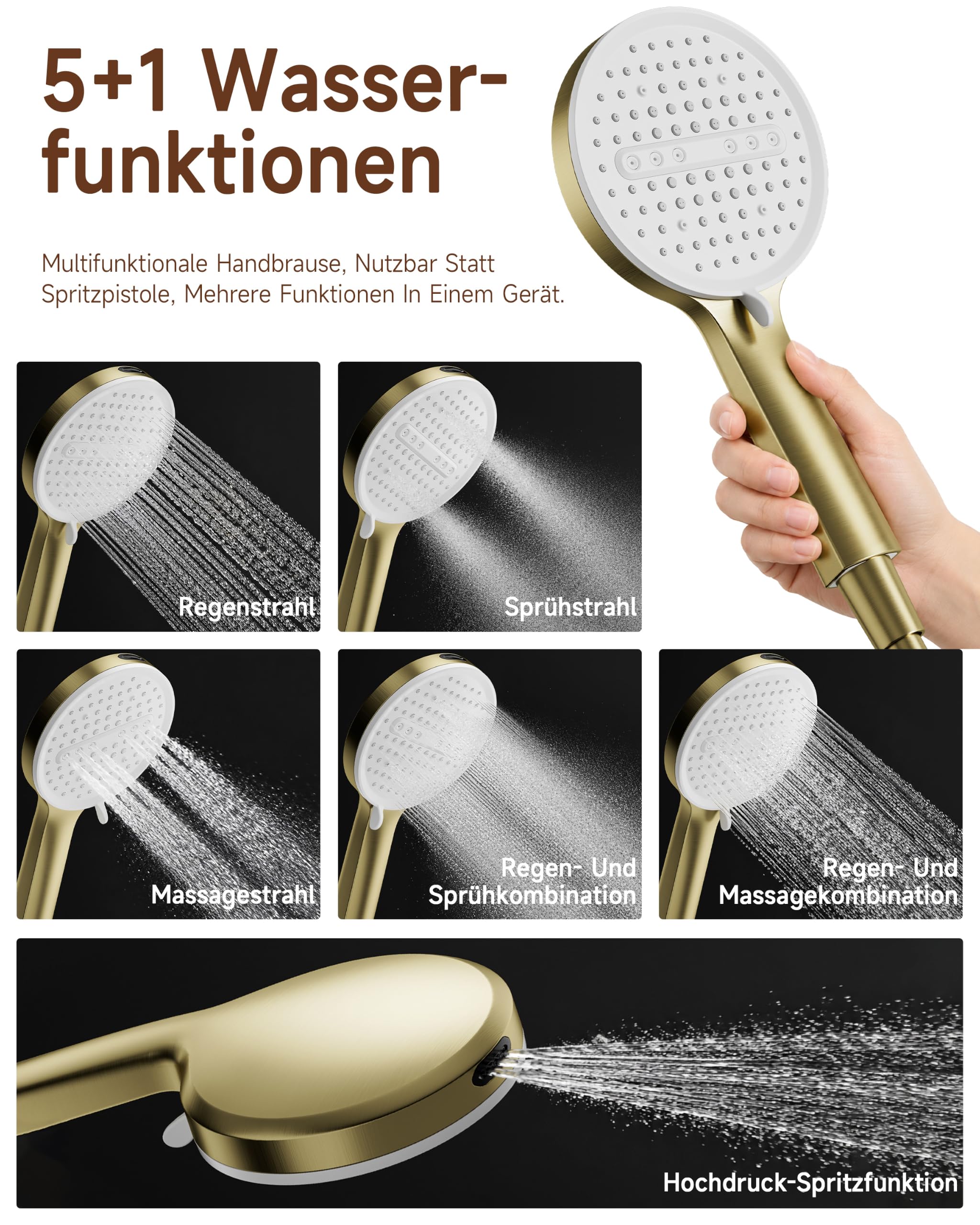 Duschsystem, Multifunktionale Dusche, Gold gebürstet, Messingkörper