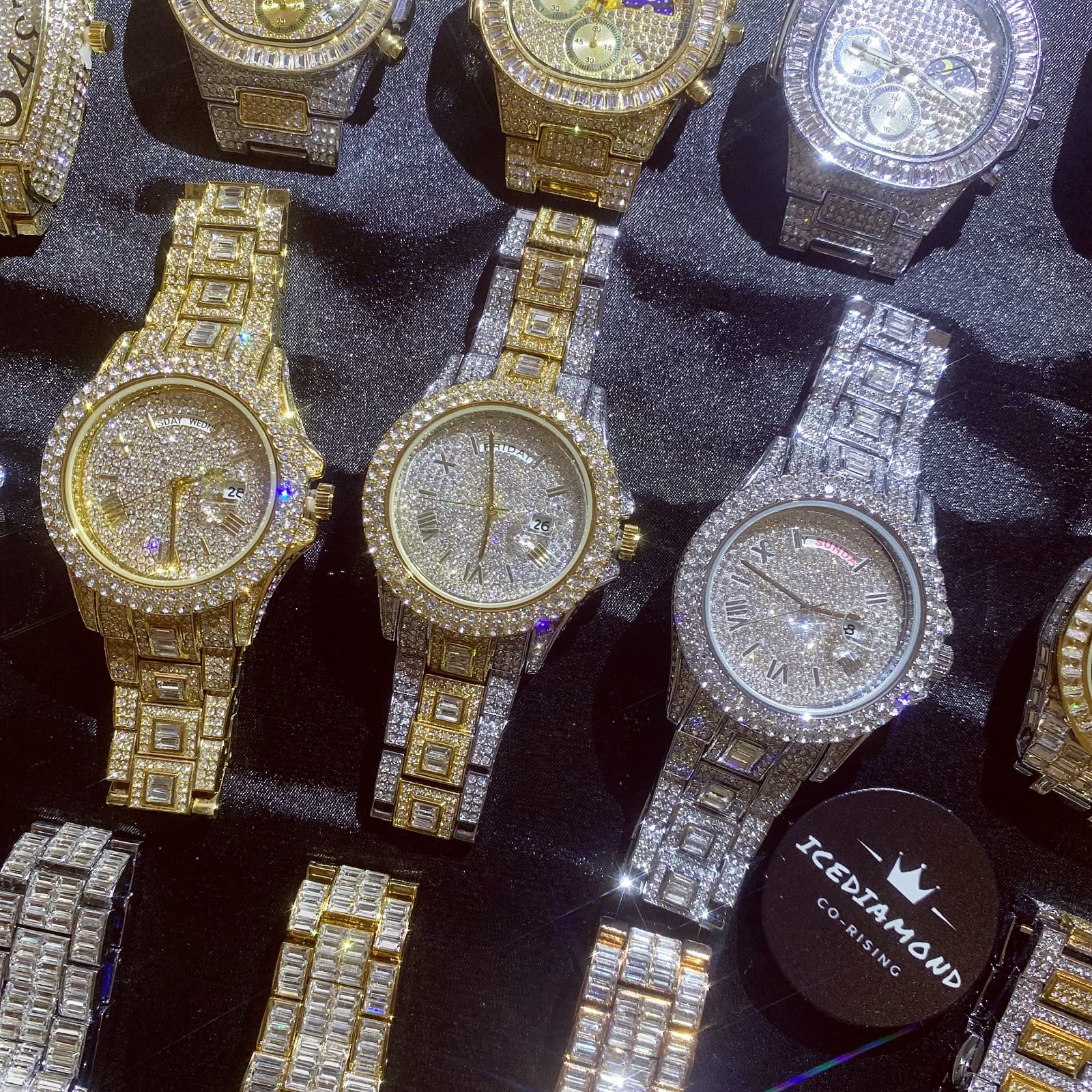 ICEDIAMOND Reloj de cuarzo con doble calendario de 43 mm, esfera redonda chapada en oro con fecha y visualización semanal, reloj de pulsera de diamantes de imitación para hombre, Mezclado, Moda