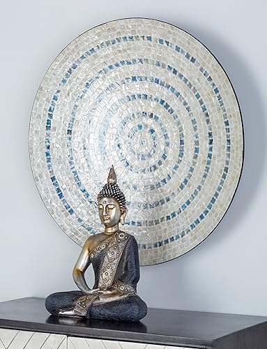 Miniatura 10 de Deco 79 Placa de concha de nácar hecha a mano, decoración de pared para el hogar, escultura de mosaico con detalles azules, arte de pared de 27 x 4