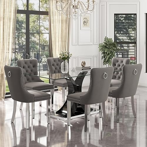 Miniatura 27 de Juego de mesa de comedor moderno de vidrio para 4, mesa de 160 cm de vidrio templado con base dorada estética y 4 sillas de comedor lujosas azules y