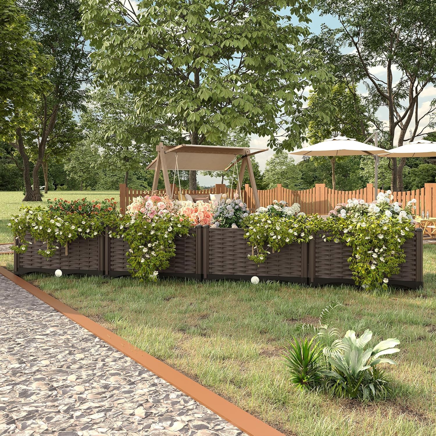 Blumenkasten mit Wasserablauf, 4 Stück Hochbeet, Rattanoptik Garten Pflanzkasten,160 * 40 * 20 cm Gemüsebeet Blumentopf Pflanzkübel für Terrasse, Garten, Eingangsbereich, Braun