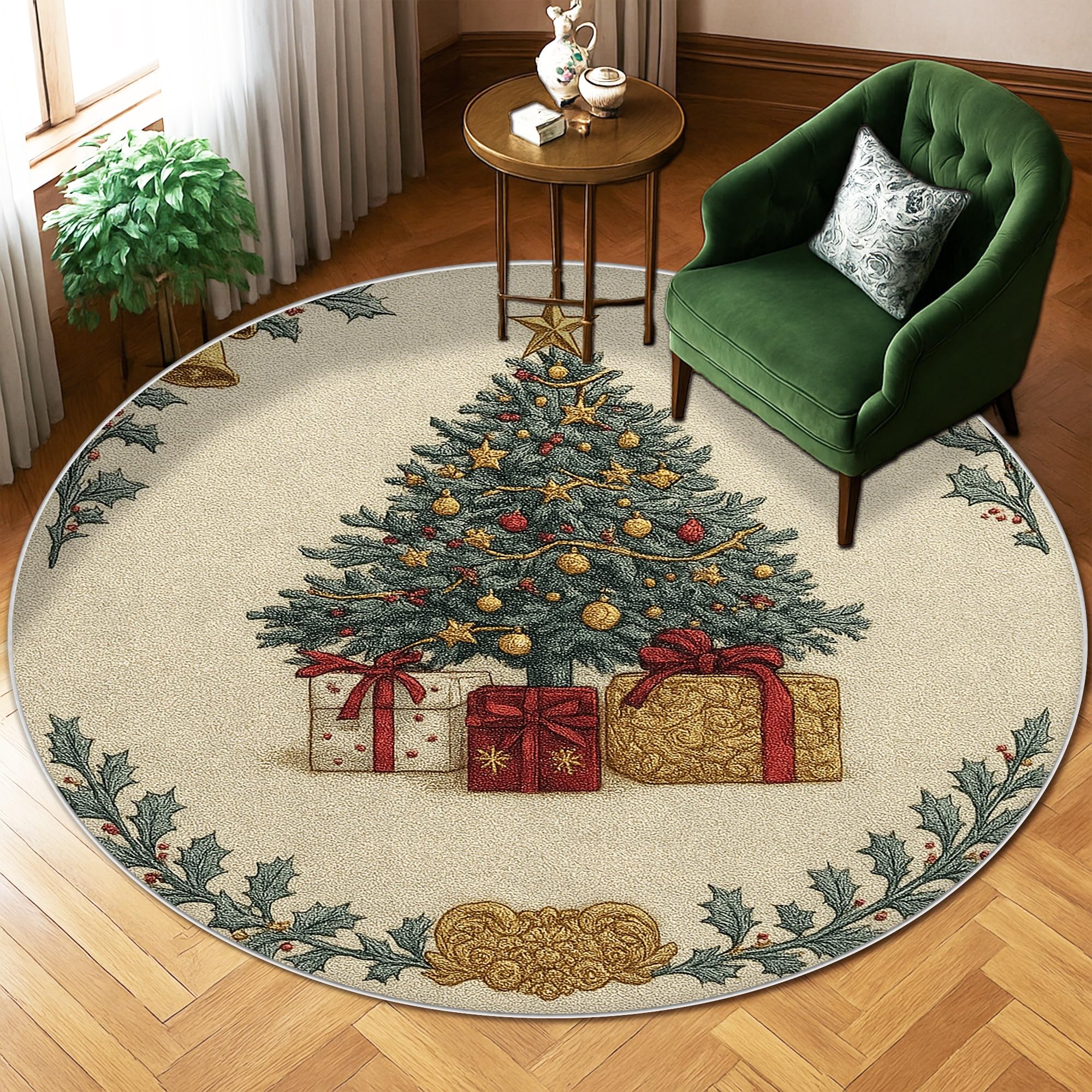 Tapis sapin de Noël vert houx tapis rond doux résistant aux taches 1,8m pour chambre salon
