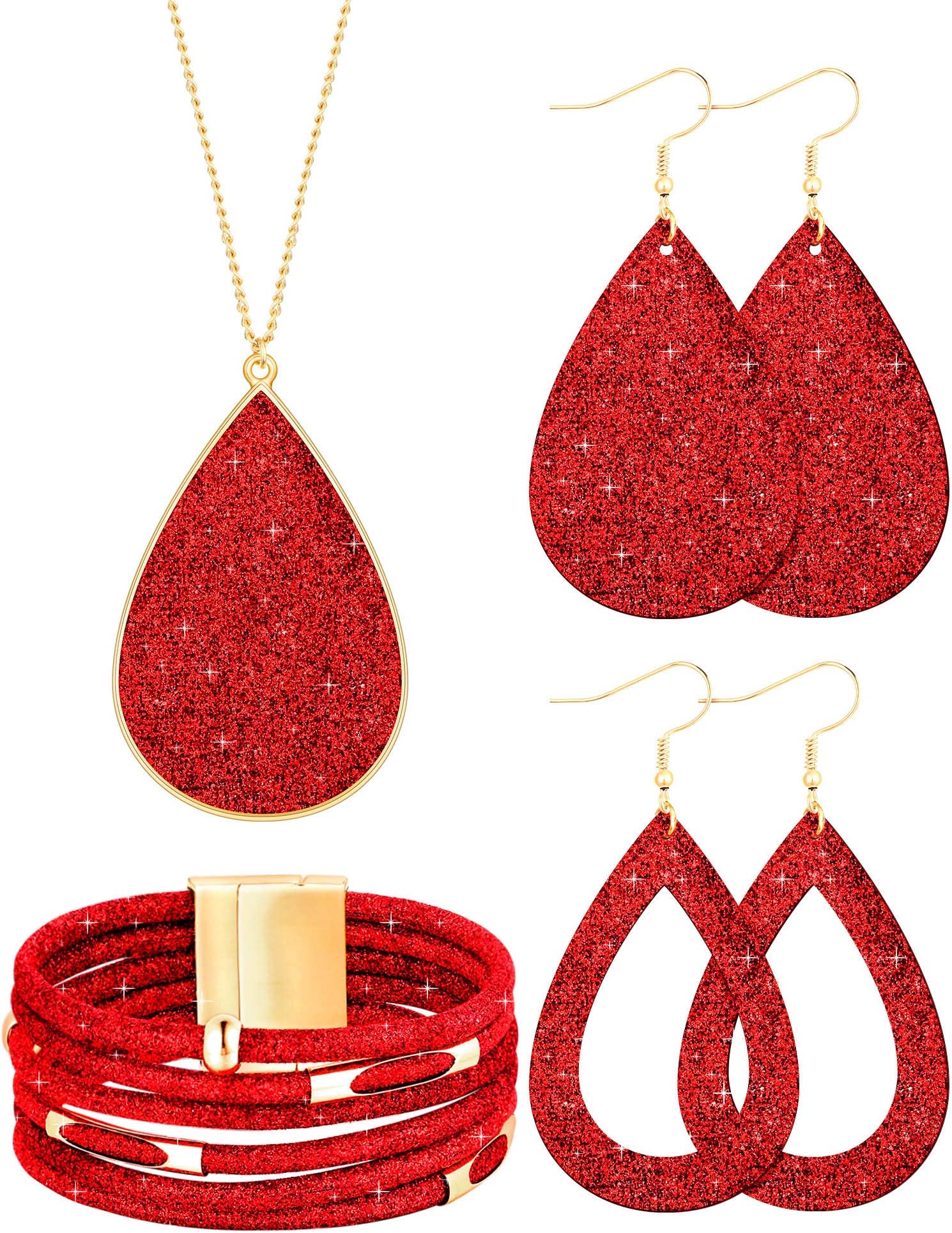 HicarerHicarer 4 Pieces Women's Glitter Jewelry Set Bridal Wedding Multi-Layer Bracelet Faux Leather Dangle Earrings Necklace