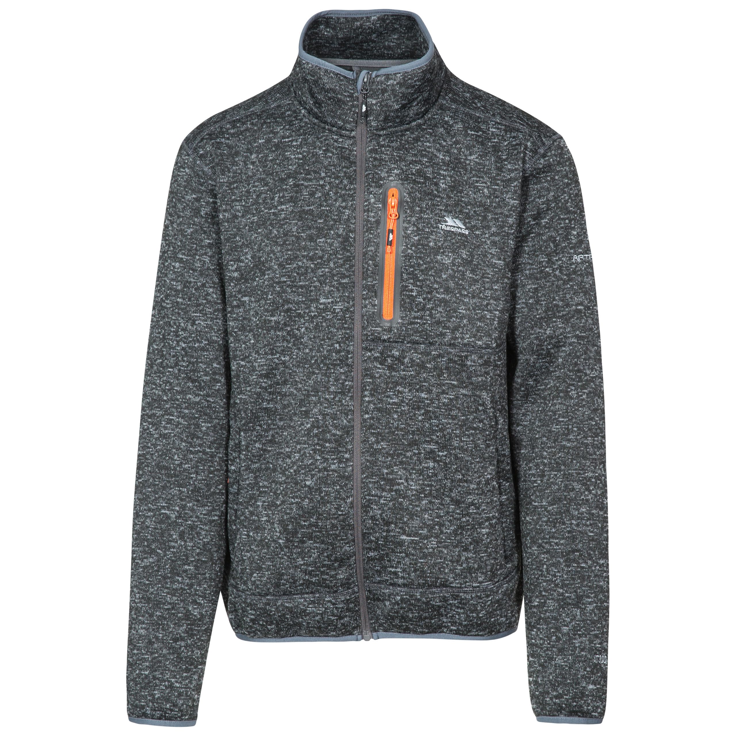 Trespass Men's Black Marl Fleece Jacket Bingham - Brushed Back, Chest Pocket With Printed Surround Detail, Knitted Marl Fleece, 3 Zip Pockets, Stretch Binding At Hem And Cuffs